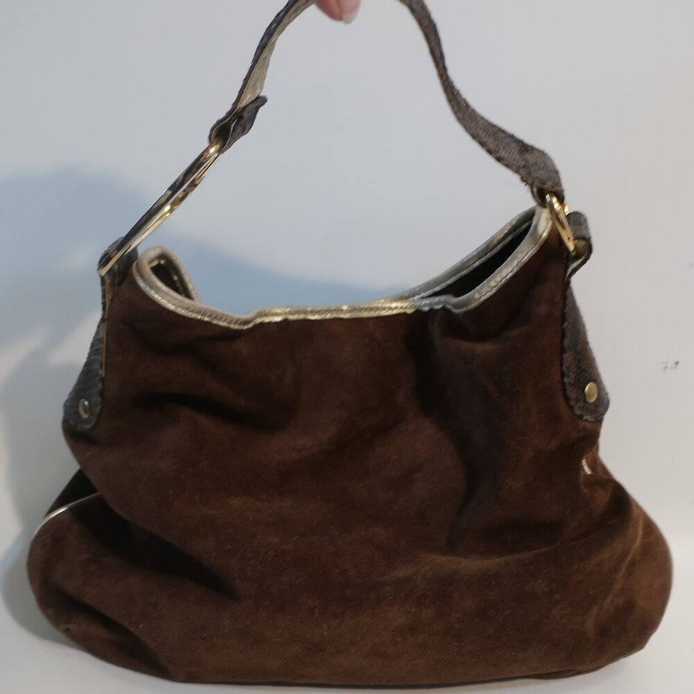 Womens Felix Rex Brown Suede & Gold Leather Hobo Handbag